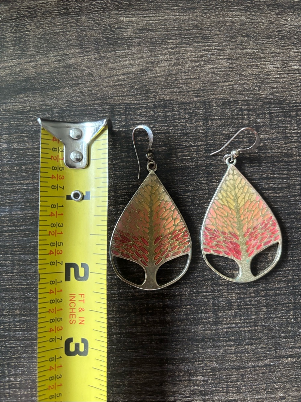 Vintage Style Enamel Tree of Life Teardrop Dangle Earrings Crimson & Gold - Picture 6 of 6